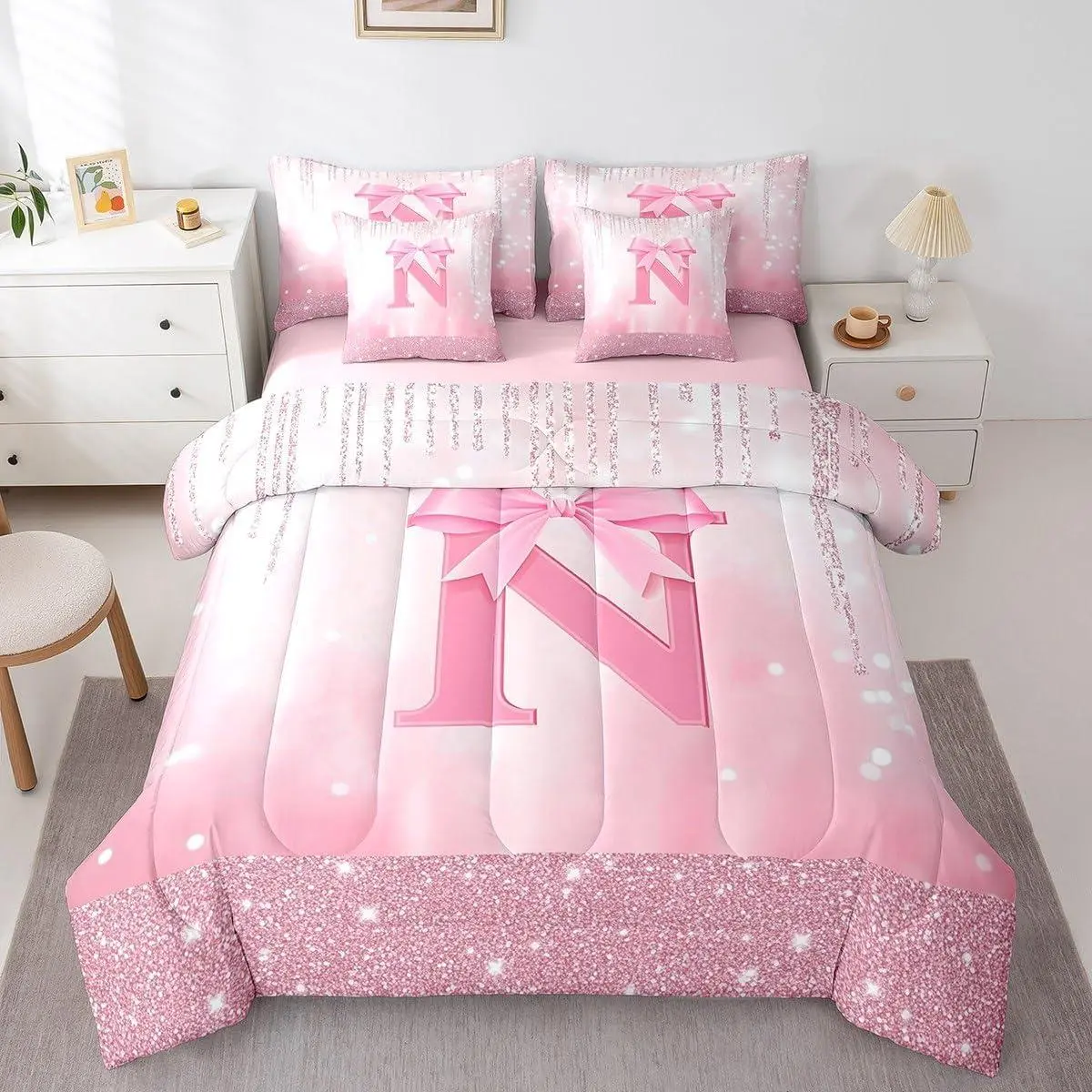Boys Girls Pink Bowknot Bed in A Bag ,Personalized Initial N 7 Pieces Bedding Set Princess Glitter Comforter Set with Sheets Kids Bow Monogrammed Teens Bed Set Bedroom Decor 7Pcs
