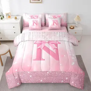 Boys Girls Pink Bowknot Bed in A Bag ,Personalized Initial N 7 Pieces Bedding Set Princess Glitter Comforter Set with Sheets Kids Bow Monogrammed Teens Bed Set Bedroom Decor 7Pcs