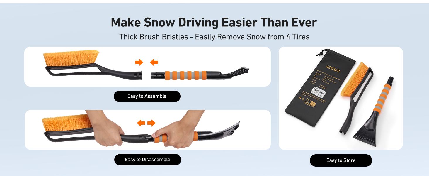 AstroAI 27" Snow Brush and Detachable Ice Scraper with Ergonomic Foam Grip for Cars, Trucks, SUVs (Heavy Duty ABS, PVC Brush, Orange)