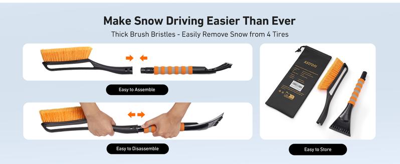 AstroAI 27" Snow Brush and Detachable Ice Scraper with Ergonomic Foam Grip for Cars, Trucks, SUVs (Heavy Duty ABS, PVC Brush, Orange)