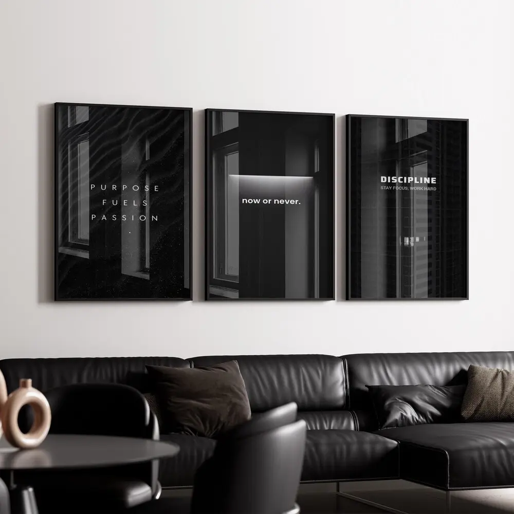 Discipline Wall Art, Purpose Quote Print, Now or Never, Minimalist Office Decor, Motivational Black Set, 3 Piece Digital Download, Moody