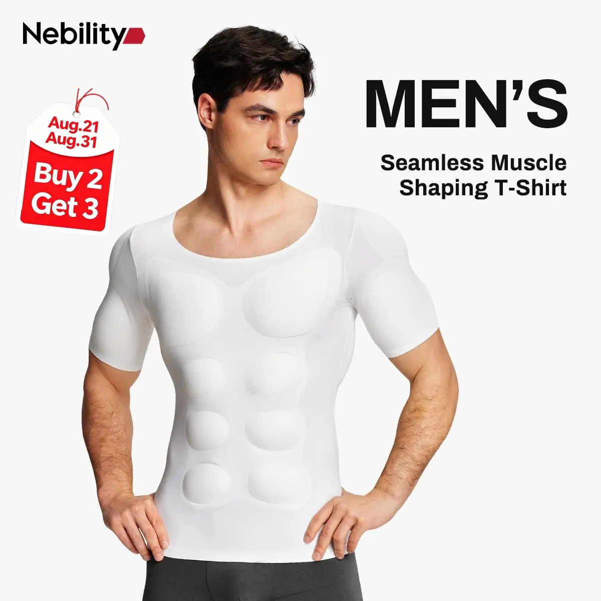【New Arrival】Nebility Men’s Invisible Seamless Muscle-Enhancing T-Shirt with Removable Muscle Pads and Light Compression Function, Suitable for Everyday Wear, Cosplay, and Special Occasions
