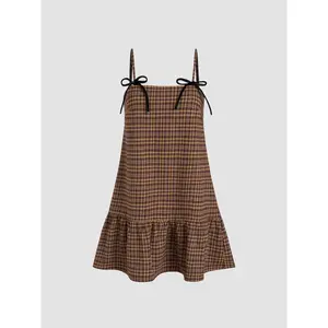 Cider [2 colors, size 0-26] Square Neck Check Ruffle Bowknot Babydoll Mini Dress