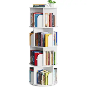 Cross Style 4 Tier Rotating Bookshelf, Spinning 360 Bookcase Lazy Susan Tower, Vertical Revolving Books Shelf Storage Round Carousel Space Saving Organizer, White