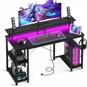 48-Inch Gaming Desk with LED RGB Lighting & Power Outlets, Sturdy Computer Gaming Table with Elevated Monitor Shelf, Side Storage Shelves, Headphone Hook & Device Organizer, Ideal for Gaming Setups, Home Offices and Streaming