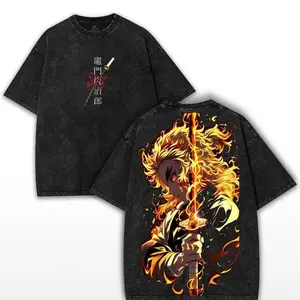 Kyojuro Rengoku Demon Slayer Oversized Washed Tee – Flame Hashira Sword Double Printed Shirt | Collector’s Otaku Drop