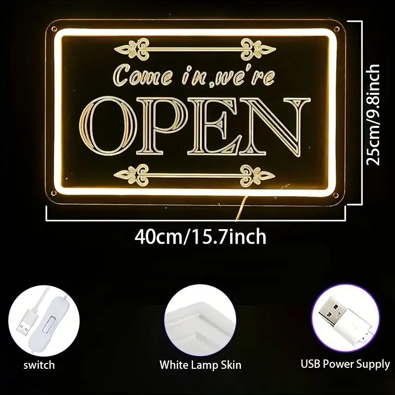 Come in We're Open Neon Sign, Vintage LED Open Sign for Business Store Window Display, USB Powered Neon Light for Cafe, Bar, Salon, Retail Shop Wall Decor