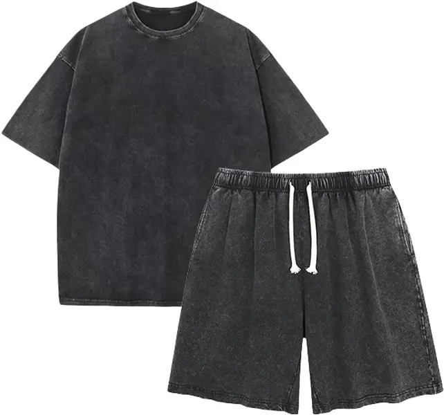 Men's 2-Piece Pure Cotton Vintage Washed Matching Set - Round Neck Oversize Fit Drop Shoulder Tee & Drawstring Above The Knee Athletic Shorts, Pre-Shrunk Streetwear Loungewear Basics