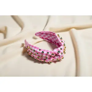 Pink Gingham Knotted Headband with Crystal Embellishment