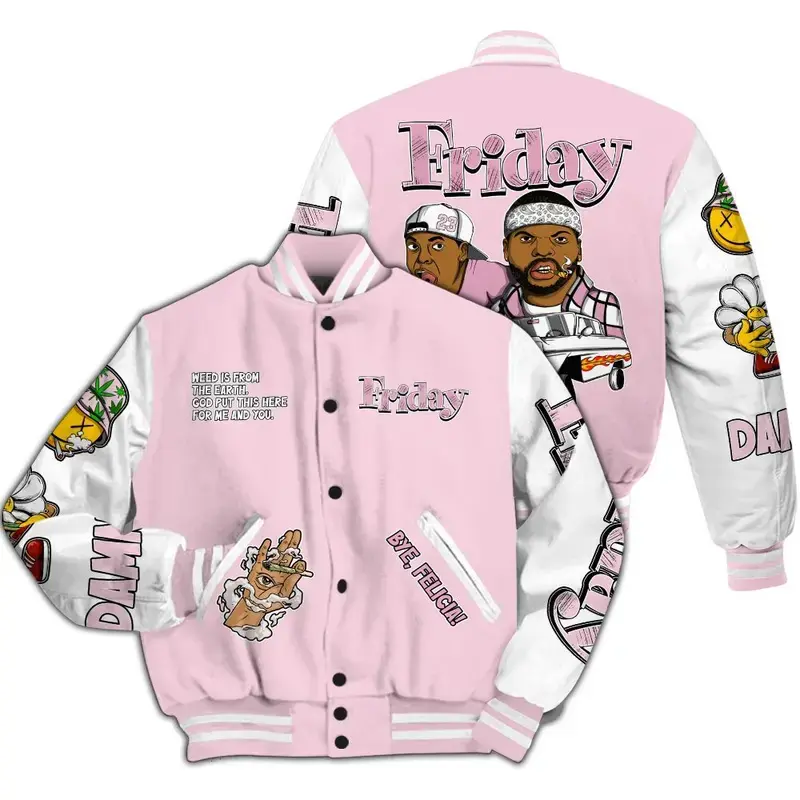Orchid 4s Match Varsity Jacket, Friday Sneaker Printed Baseball Jacket, Trust None Graffiti Couples Jacket, Baseball Varsity Jacket, Sporty Streetwear Look, Everyday Casual Jacket