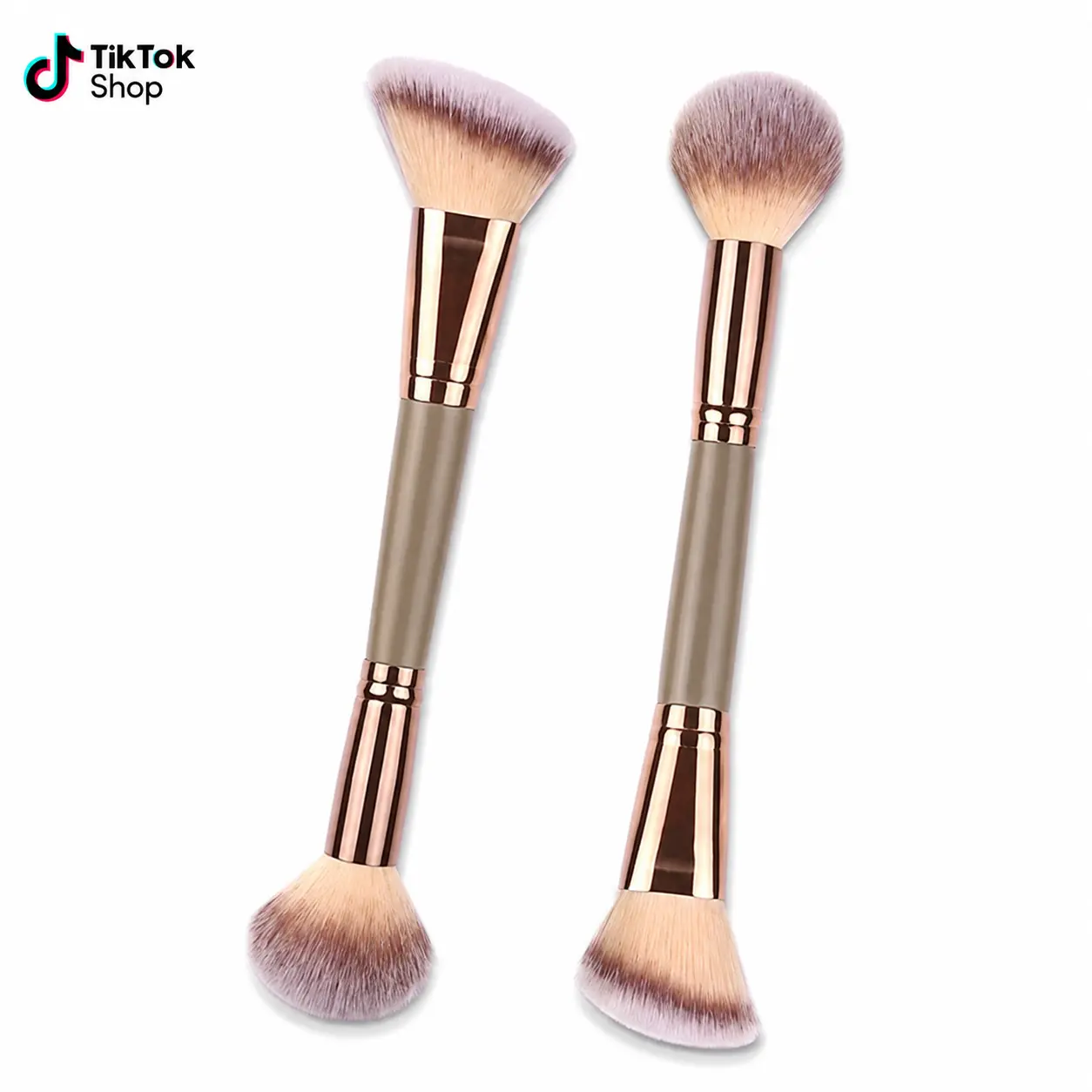 Dual Multifunctional Cosmetic Brush - Double-Ended Angled/Round Top for Liquid, Powder & Cream Blending, Precision Powder Brush for Makeup Routine (Brown, Champagne Gold), Multifunctional Makeup Brush