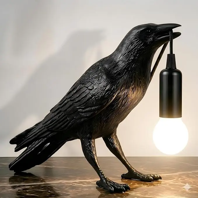 Hand-Painted Gothic Raven Figurine with Illuminated Lantern