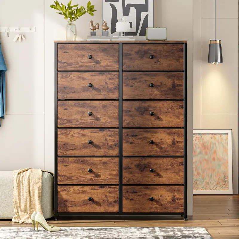 [LIVE ONLY】RaybeeFurniture 12 Drawer Dresser for Bedroom, Tall Dresser for Living Room, Extra Large Chest Of Drawers with Wood Top& Metal Frame for Apartment, Guest Room, Cabinet Storage Organizer, Bedroom Furniture, Viral Fabric Dresser Tower