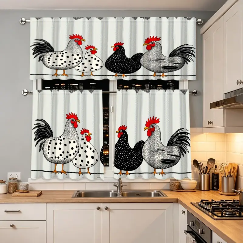 3pcs Vintage Chicken Pattern Curtains, Simple Hand-Drawn Pastoral Style, Kitchen Living Room Decor Valance Set, Coffee Shop Restaurant Home Curtain,No Pole