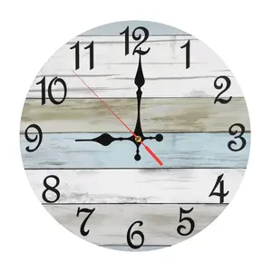 Rustic Coastal Striped Wooden Wall Clock | 12inch Vintage Wood Plank Farmhouse Silent Wall Clock for Living Room, Kitchen, Office Decoration, Battery not included