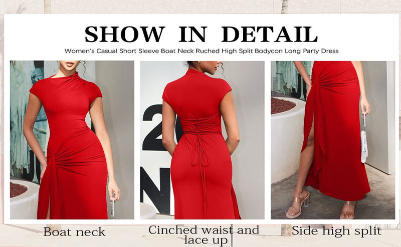 OYS Women's Casual Short Sleeve Boat Neck Ruched High Split Bodycon Long Party Dress
