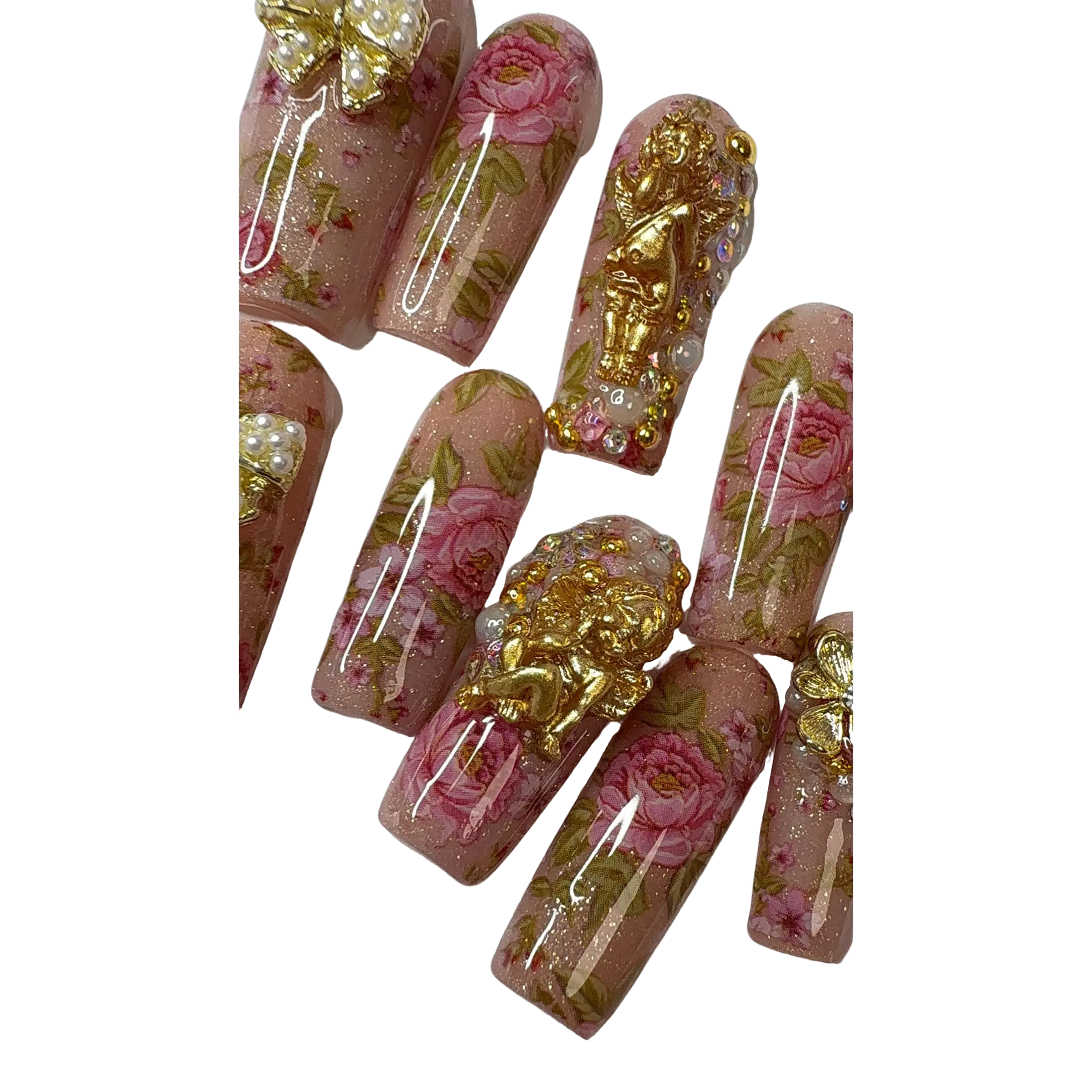 Les Chérubins de Rosina™ | Luxury Rococo Floral Press-On Nails | Champagne Nude Gold, Pink Roses, Cherubs & Pearls