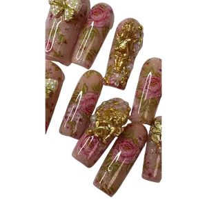 Les Chérubins de Rosina™ | Luxury Rococo Floral Press-On Nails | Champagne Nude Gold, Pink Roses, Cherubs & Pearls