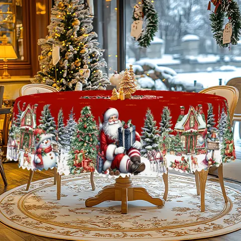 XEXSIN Retro Christmas Polyester Fabric Tablecloth - Self-Adhesive Multi-Size Rectangle/Round Cover, Santa Claus Print, Retro Christmas Style Charm for Family Gathering Indoor Dining Home Decor Gift