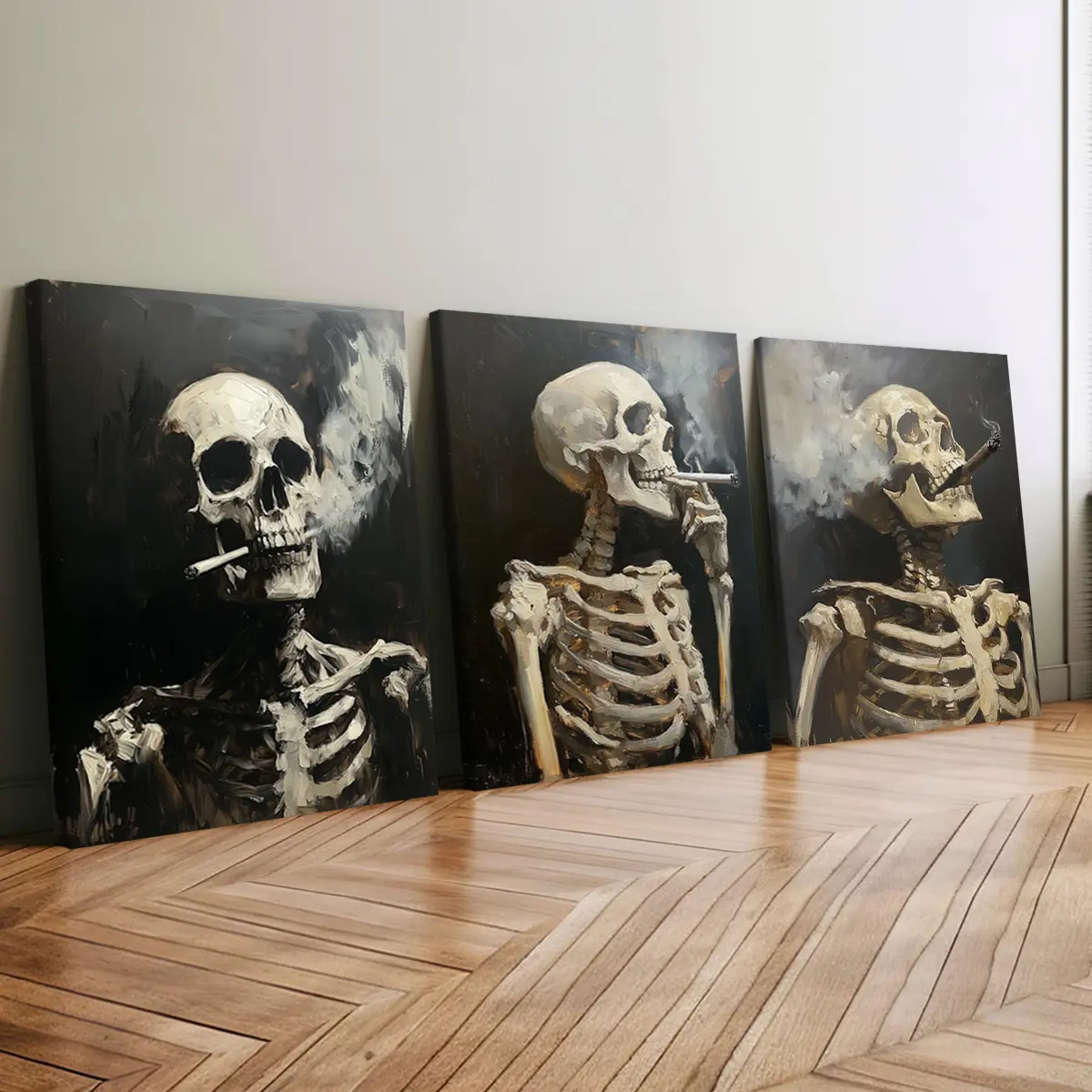3Pcs Wooden Framed Canvas Painting, Halloween Smoking Skeletons Triptych Painting, Exquisite Poster, Home Decoration, Pattern Wall Art Decor, For Living Room, Bedroom, Office, Restaurant, Bar Wall Decor, Odorless, Painting, Print Artwork.