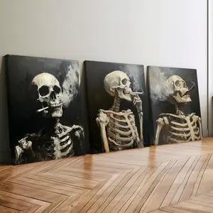 3Pcs Wooden Framed Canvas Painting, Halloween Smoking Skeletons Triptych Painting, Exquisite Poster, Home Decoration, Pattern Wall Art Decor, For Living Room, Bedroom, Office, Restaurant, Bar Wall Decor, Odorless, Painting, Print Artwork.