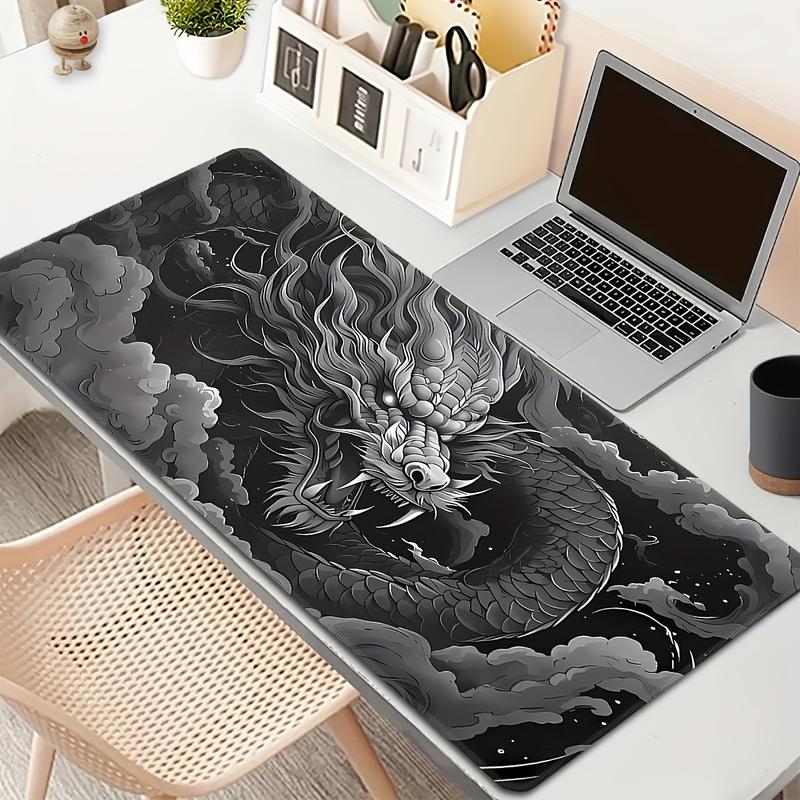 Extra-Large Dragon Gaming Mouse Pad - Monochrome Design with White & Black Artwork, Washable & Durable Rubber Base, Precision Stitched Edges - Ideal