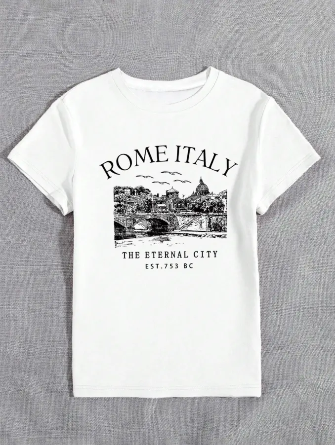 Rome Italy Skyline Graphic Round Neck Short Sleeve T-Shirt, Casual For Women Graphic Tees Women Tops