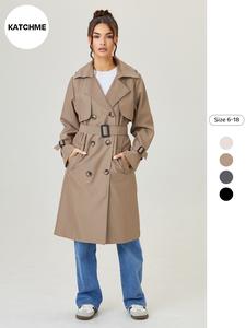 women's solid double button belted trench longsleeves coat, elegant lapel neck long sleeve coat for fall & winter, women's clothing for daily wear, clothing for women, going out tops, lady jacket, womenswear