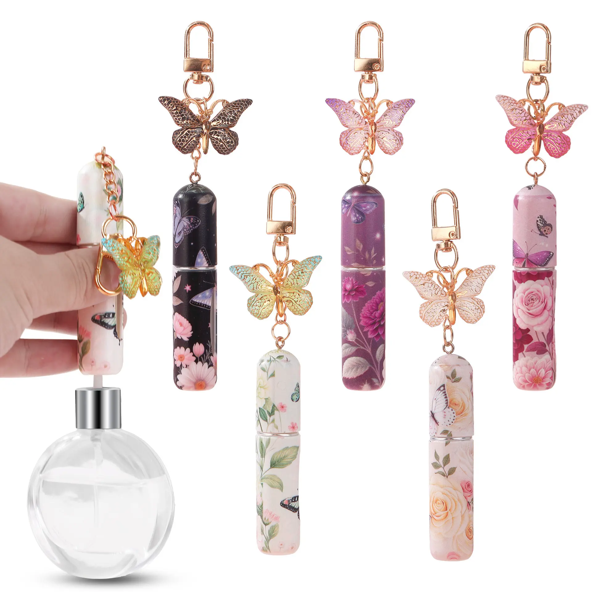 Butterfly Perfume Fragrance Keychain Set, 5-Pack Refillable Travel Bottles, 5ml Leak-Proof Portable Scent Dispensers, Aesthetic Makeup Accessories Five