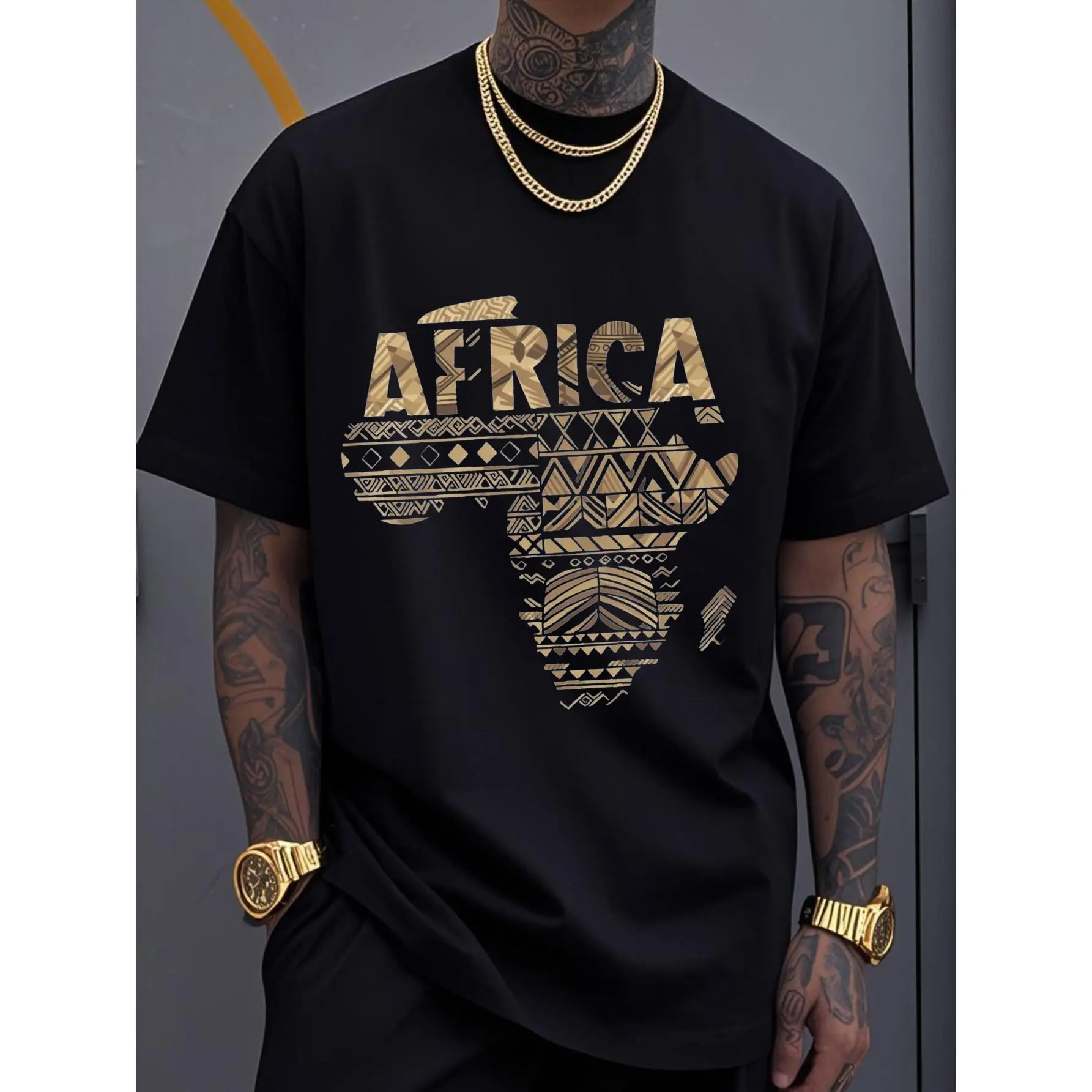 Men's 100% Cotton African Tribal Print Crew Neck T-Shirt - Soft, Breathable Fashion Street Tops, Classic Vintage Short Sleeve Casual Layering Menswear Tee, Breathable Crew Neck