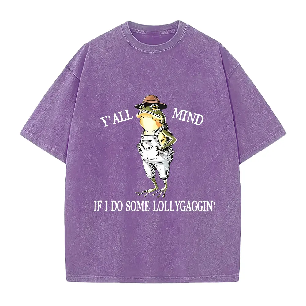 Vintage Farmer Frog Lollygag Graphic Tee, Men Washed Loose Fit Casual Short Sleeve T-Shirt, Funny Country Meme Holiday Gift Top