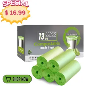Home Clean Deal: 80ct Compostable 13 Gallon Trash Bags -  Unscented Tall Kitchen Garbage Bags | 55L Green Wastebasket Liners for Home, Office, Bathroom, Bedroom (5 Rolls)
