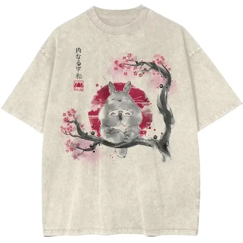 Vintage Washed Totoro Inner Peace Zen Graphic Tee Studio Ghibli Anime Shirt Oversized Acid Wash Retro Streetwear Japanese Animecore Y2K Aesthetic Unisex Top Cherry Blossom Kawaii Manga Otaku Clothing Gift Men Women Trendy Fashion Apricot
