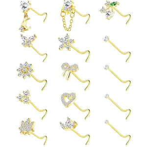 Nose Rings Corkscrew for Women Nose Piercings 20G Surgical Stainless Steel  Nose Studs  Red CZ Heart Butterfly Flower Cherry Bow Moon Dangle Nose Piercing