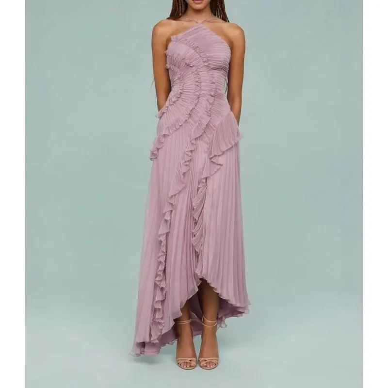 Women's Ruffled Halter High-Low Maxi Dress, Boned Low-Cut Pleated Formal  Cocktail Party Dress, Vintage Elegant Summer Outfit, Summer Vibes, Summer  Soccer Game Day - TikTok Shop