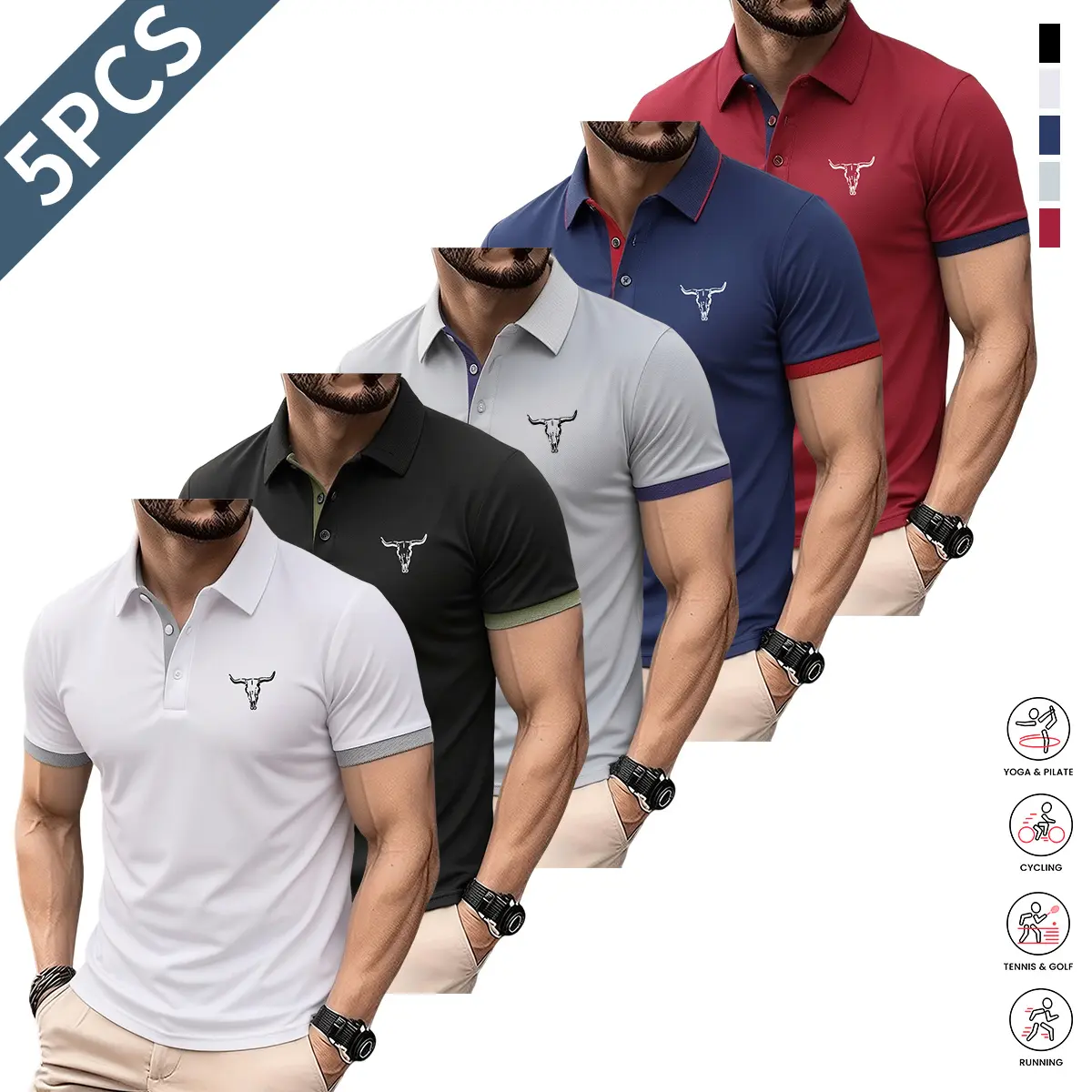 5-piece set of lightweight men’s short-sleeve polo shirts, available in various colors; suitable for everyday wear, casual outfits, and workwear.summervibes