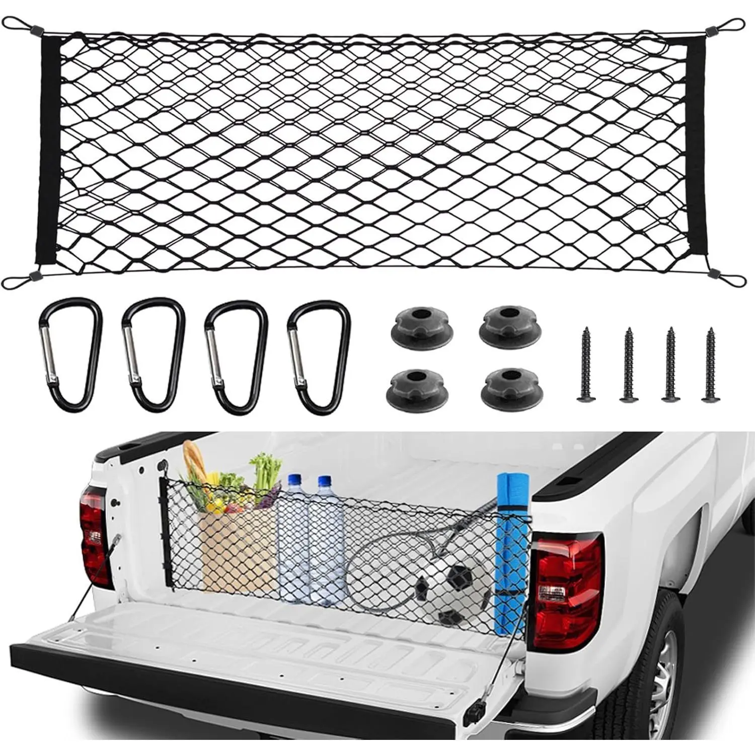 Adjustable Accessories for Storage Secure Nets, Cargo Net for Pickup Truck Bed,Stretchable Tailgate Net with Hook, Compatible for Chevy Silverado Ford LTZ WT LS F150 F250 Car Exterior Accessories for SUVs Cars and Trucks 140x40cm