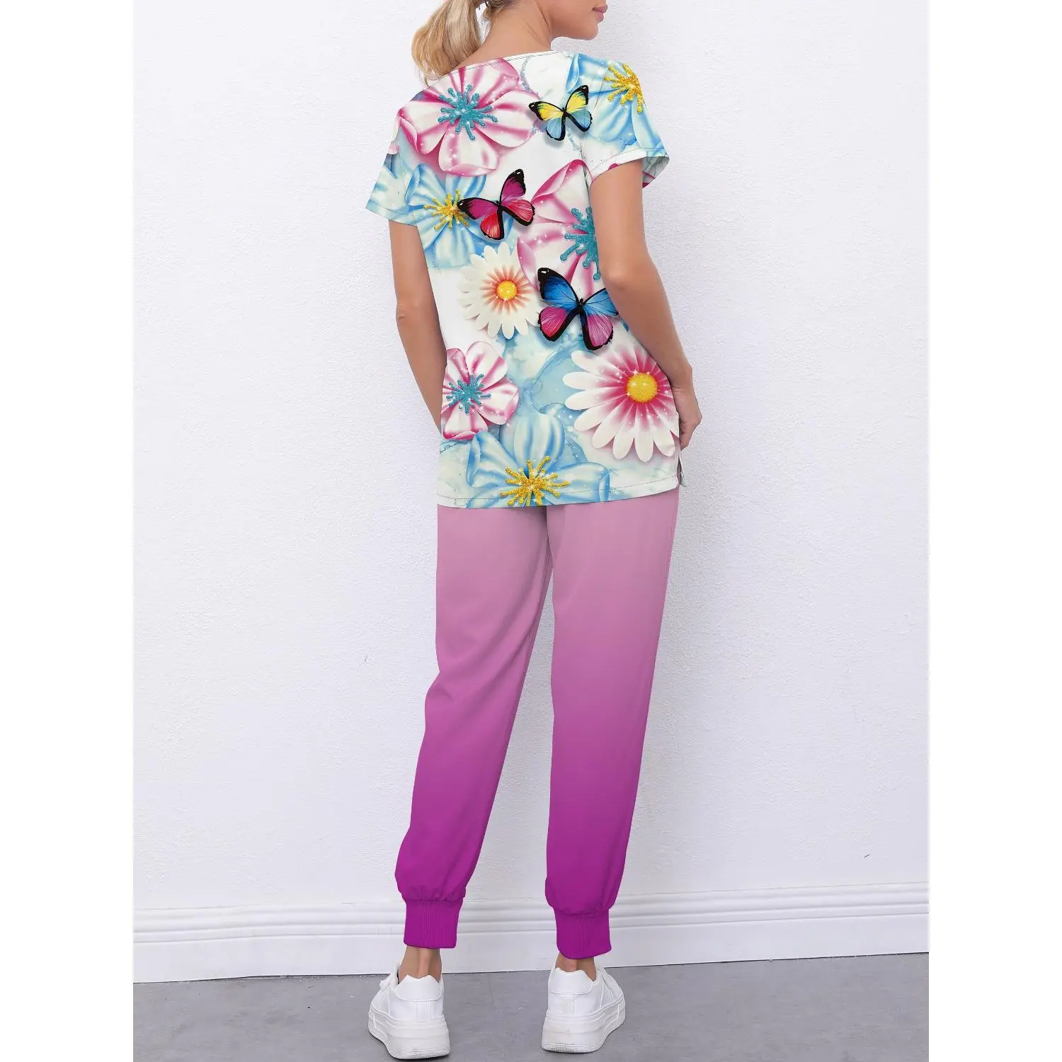 Women'S Two-Piece Breathable Printed Uniform Workwear with V-Neck Pocket Top And Tapered Pants Set