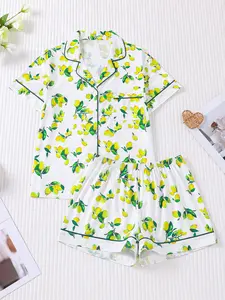 Women's Lemon Print Short Sleeve Top & Elastic Waist Shorts Pyjama, Casual Comfy Lapel Neck Short Sleeve Top & Shorts Set, Ladies Sleepwear for Summer Pajama Set