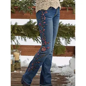 Women's Vintage Blue Floral Embellished Flare Jeans - Retro Western Style High-Waisted Denim Pants with Multi-Color Floral Print, 75% Blend, Machine Washable Casual to Semi-Formal Wear