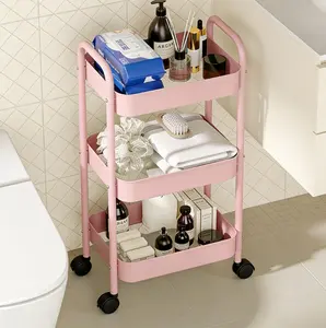 Heavy Duty Metal 3-Tier Rolling Utility Cart | Lockable Silent Wheels, White & Pink - For Office, Living Room, Kitchen