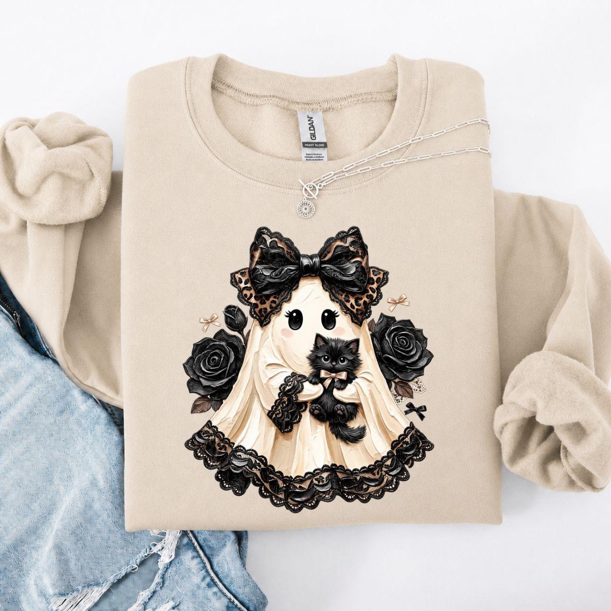 Vintage Black Cat Ghost Halloween Sweatshirt, Witchy Leopard Bow Crewneck, Cute Spooky Kitty Graphic Pullover, Cozy Gothic Fall Apparel, Funny Cat Lover Gift For Women , Unisex Long Sleeve Crewneck Shirt