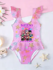 K-POP Cartoon Kids Girls One-Piece Swimsuit, Birthday Star Ruffle Beach Swimwear, Best Gift for Birthday & Back to School