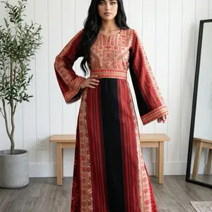 Women's Ma'ani Thobe - Black Modest Islamic Women's Robe, Long Sleeves, Soft Fabric, Casual Wear, Beige and Red Accents, Everyday Elegance