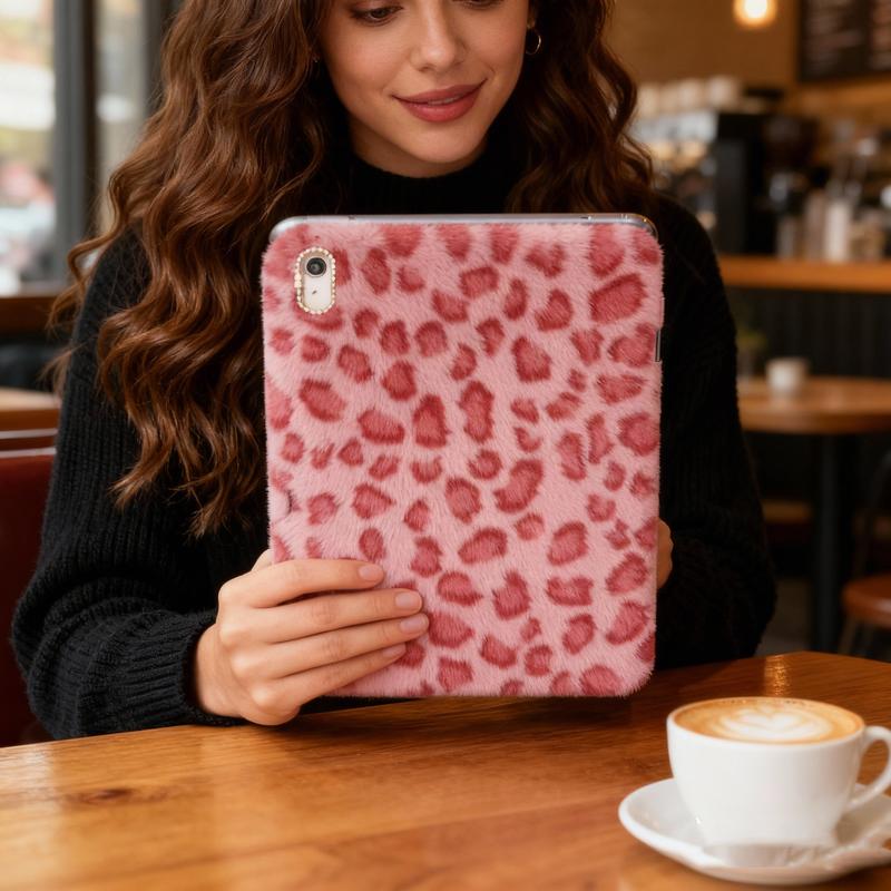 Pink Plush Leopard Print For IPad Case - Compatible With 10.9" For IPad 10th Gen (2022) & 11th Gen (2025), Also For IPad 7th/8th/9th Gen 10.2" -With Charging Stylus Slot Perfect Gift For Parties, Birthdays & Holidays, , Plush Ipad Case, Leopard Print