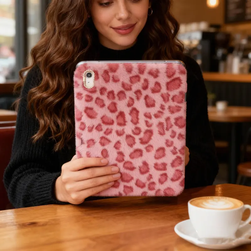 Pink Plush Leopard Print For IPad Case - Compatible With 10.9" For IPad 10th Gen (2022) & 11th Gen (2025), Also For IPad 7th/8th/9th Gen 10.2" -With Charging Stylus Slot Perfect Gift For Parties, Birthdays & Holidays, , Plush Ipad Case, Leopard Print