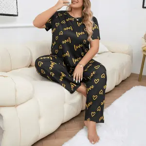 Women's Plus Size Pajama Sets 2 Piece Sleepwear Short Sleeve Top & Long Pants Soft Stretchy Loungewear Cute Love Heart Print Nightwear Pjs (1XL-5XL)
