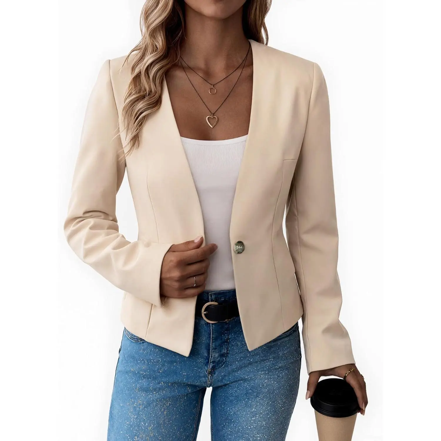 MINA SELF Women's 2026 Spring Minimalist Fitted Long Sleeve Collarless Open Front Full-Lined Slim Petite Lightweight Blazer Jacket, Business Casual Elegant Chic Work Outerwear