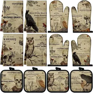 12 Pcs Gothic Kitchen Towels Pot Holders and Oven Mitts Set 4 Raven Dish Towels 4 Skull Oven Mitts 4 Owl Pot Holders for Gothic Home Cooking Dish Baking Decorative