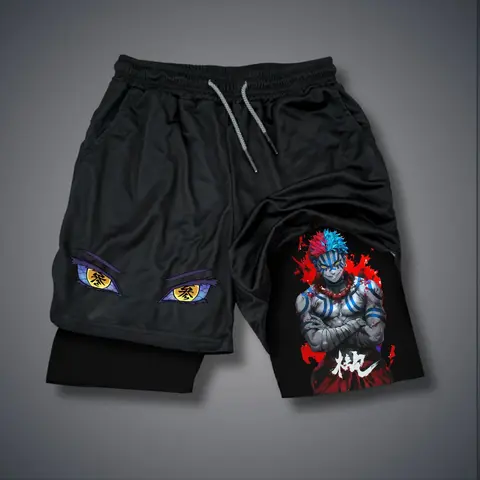 Demon Slayer Akaza  Upper Moon Three Anime 80s 90s Double-Layer Sports Shorts Graphic Shorts Black Camo Streetwear Shorts Men Outfits Men Vacation Outfits Shorts